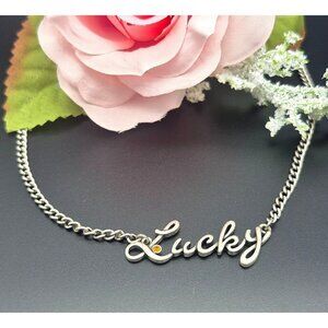 5X Brand Silver Tone Curb Chain LUCKY Pendant Necklace 16" to 18" Orange Crystal